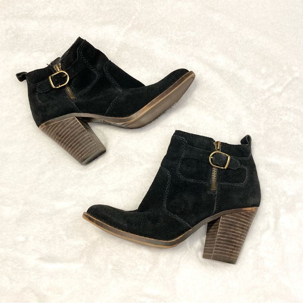 Lucky Brand Everalda Black Suede Heeled Booties Boots Size 6.5 6 1/2